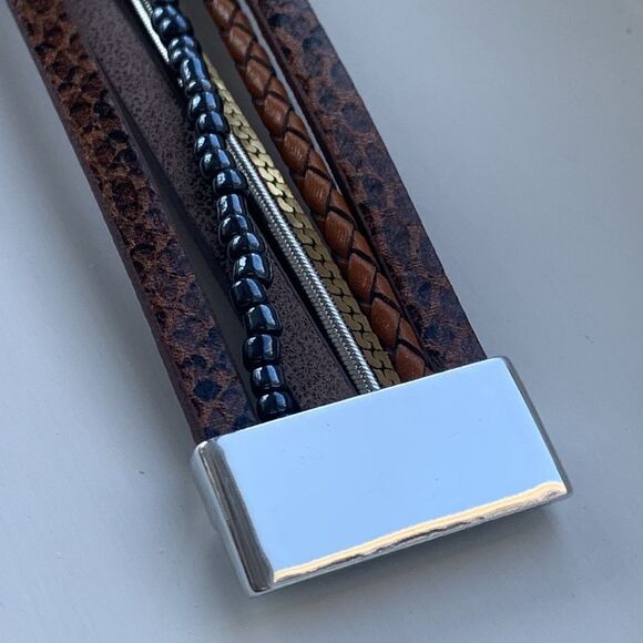 Western Multi Strand Boho Cuff Bracelet – PU Leather with Faux Turquoise - Picture 8 of 9